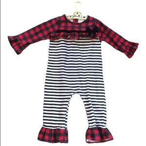 Rare Editions 18M Toddler's Snap Button Striped Plaid Red Christmas Romper